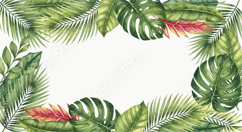 Cadre aquarelle de feuilles tropicales exotiques avec monstera et palmiers sur fond blanc pour invitations de mariage et designs d'été.