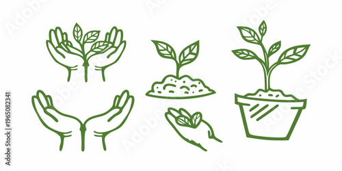 Hands cradling plants and growing seedlings a botanical silhouette