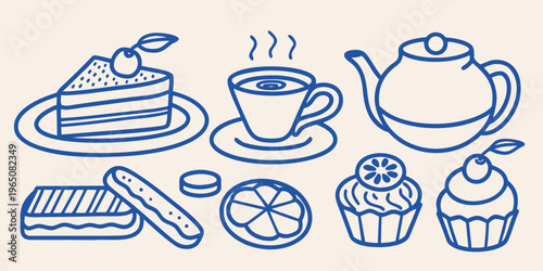 Blue line drawing of desserts tea and pastries silhouette