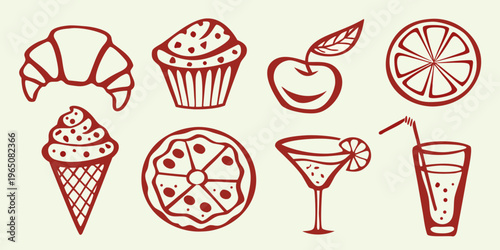 Hand drawn desserts and drinks in a red outline silhouette