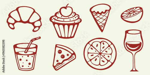 Variety of desserts and drinks presented in a hand drawn silhouette