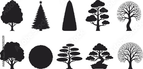 Vector set of diverse black tree silhouettes including pine oak bonsai and topiary shapes isolated on white background for landscape design and architectural projects.