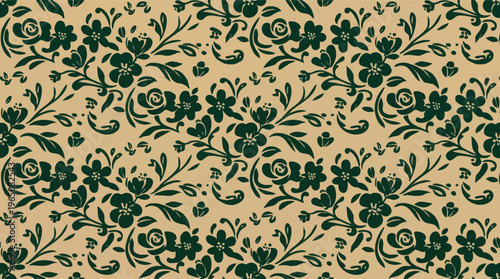 Elegant Floral Pattern with Dark Green Flowers and Leaves on a Light Tan Background