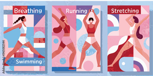 Fitness illustrations depicting breathing running stretching and swimming silhouette