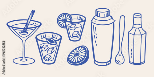 Blue line art of cocktail glasses tools and fruit silhouette