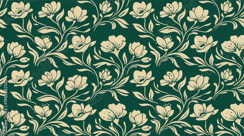 Elegant floral pattern featuring delicate blossoms and swirling vines on a rich emerald green background, evoking classic botanical artistry and natural beauty