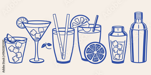 Variety of cocktail glasses and bottles blue line art silhouette