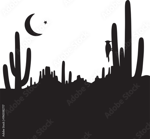 Desert night silhouette with cacti and moon, Generative Ai