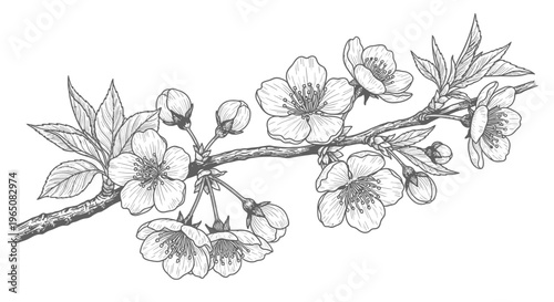 cherry blossom branch with flowers and leaves