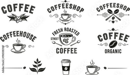 Vintage coffee shop labels and retro badges set with beans, cups, and typography for cafe branding, organic coffee house, and restaurant identity.