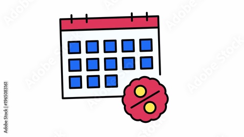Calendar and red percentage symbol for date discount. Ideal for marketing materials, promotions, advertising campaigns, and special offers visuals.