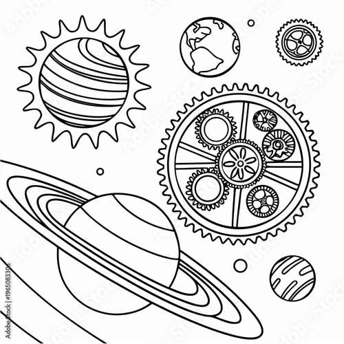 Steampunk Style Solar System Coloring Page with Mechanical Planets