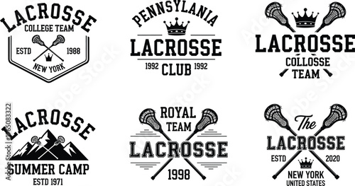 Vintage lacrosse logo set with crossed sticks crowns and mountain graphics for college team branding summer camp apparel and athletic club emblems.