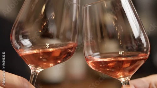 Two Wine Glasses with Rosé Wine Clinking Close Up Celebration Moment
