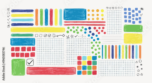 カラフルな手書き風のブラシストローク、格子模様のグリッド、チェックボックス、星や矢印などの装飾アイコンが白背景に並んだ、クリエイティブなデザイン素材のセット。ノートのデコレーションやプレゼンテーション、デジタルプランナーの装飾に最適な、明るく親しみやすい雰囲気のイラストレーション。