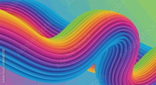 鮮やかな虹色のグラデーションが美しい、立体的な3Dの曲線がうねるように描かれた抽象的な背景素材。カラフルでダイナミックなラインがエネルギーと創造性を表現しており、ウェブデザインや広告のバナー、プレゼンテーションの背景に最適な高品質なデジタルアート作品です。