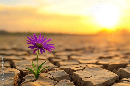 Purple flower pushing through cracked dry earth at golden sunset