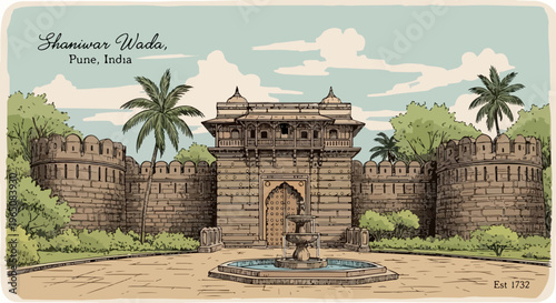 インドのプネーにある歴史的な要塞、シャニワール・ワーダーを描いたヴィンテージ風のポストカード風イラストレーションで、壮大な石造りの門と噴水、周囲を囲むヤシの木と青い空がノスタルジックな雰囲気を醸し出しています。