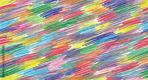 カラフルな色鉛筆で描かれた斜めのストロークが重なり合う、手描き感溢れるシームレスな抽象テクスチャパターン背景素材。赤、青、緑、黄色などの鮮やかな色彩がランダムに交差し、子供の落書きのような自由でクリエイティブな雰囲気を演出する、デザインや壁紙に最適な高品質なイラストレーション。
