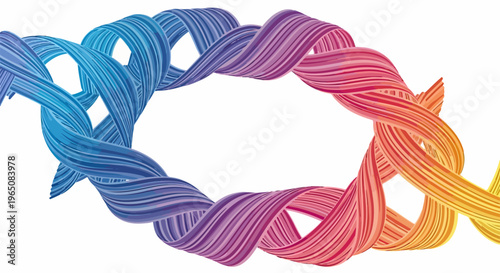 白い背景に配置された、青から紫、ピンク、オレンジ、黄色へと美しく変化するグラデーションカラーの3Dねじれリボンが、複雑に絡み合いながら無限のループやDNAの二重らせん構造を表現している、モダンでダイナミックな抽象的デザインの背景素材イラスト。