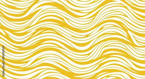 黄色と白のコントラストが美しい、流れるような波状のラインが重なり合う抽象的なグラフィックパターン背景素材。モダンでオーガニックな曲線がダイナミックな動きとリズムを表現しており、テキスタイルデザインやウェブの背景に最適です。