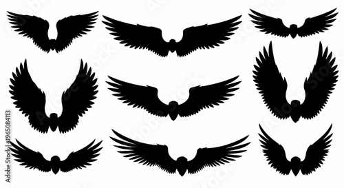 様々な形状の鳥や天使の翼の黒いシルエットをまとめたベクターイラストセット。飛翔や自由を象徴するデザイン素材として、ロゴやグラフィックデザインに最適な高品質なアイコンコレクションです。白背景に映える力強い羽の造形が特徴的です。