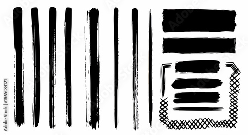 白い背景に描かれた様々な太さの黒い筆跡やブラシストロークのセットで、手書きの質感がある垂直な線や水平なバナー、装飾的なフレーム枠などのデザインパーツが揃っており、和風のデザインやグラフィック制作に最適な素材です。