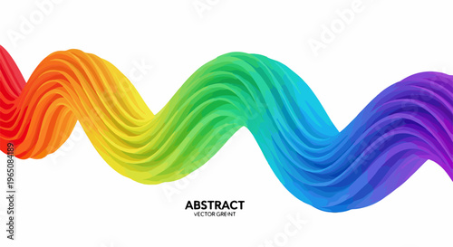 白い背景に浮かぶ鮮やかな虹色のグラデーションが美しい3Dの波状抽象デザインであり、赤から紫へと変化する色彩と立体的な質感がダイナミックな動きを表現した、モダンでクリエイティブな広告や背景素材に最適なベクターイラストレーション。