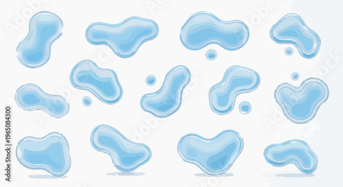 白い背景に孤立した、透明感のある水色の水たまりや液体のしずくのベクターイラストセット。光沢のあるオーガニックな形状の抽象的なデザイン要素は、清潔感や潤い、新鮮さを表現する広告やウェブデザインのグラフィック素材として最適です。