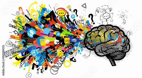 人間の脳から溢れ出すカラフルな創造性とアイデアの爆発を描いたグラフィックイラストレーション。電球や歯車、疑問符などのシンボルが混ざり合い、知性とインスピレーション、革新的な思考プロセスを象徴する鮮やかなデザイン。