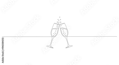 Champagne glasses clinking, single line drawing, celebration toast