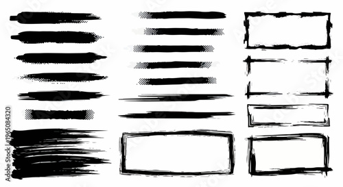 白い背景に描かれた黒い筆跡とインクのテクスチャセット。様々な形のブラシストロークや手書きのフレーム、ライン素材が含まれており、グラフィックデザインやアートワークのアクセントとして最適な高品質なベクターイラストレーション素材です。
