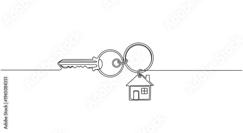 House key with keychain, single line drawing, concept of home
