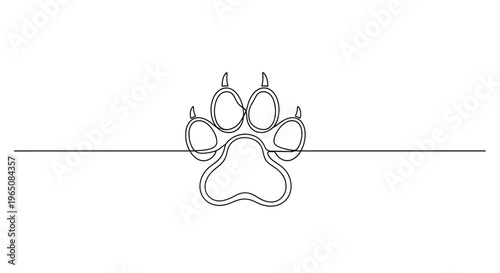 Animal paw print, single line drawing, concept of pets