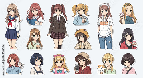 様々なファッションやヘアスタイルの可愛いアニメの女の子のキャラクターが描かれたステッカーセットのイラストです。制服、カジュアルな服、帽子を被った姿など、多彩なバリエーションが白背景に並んでおり、デザイン素材やデコレーションに最適です。