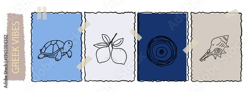Greece flashcards set with hand drawn. Educational pages featuring ancient Greek column, toucan bird, shell, citrus fruits in line art style. Learning cards with torn paper edges and taped effect.