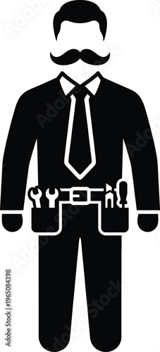 Minimalist black silhouette of a professional handyman with a mustache and tool belt wearing a necktie, representing expert home repair services and gentlemanly maintenance work.