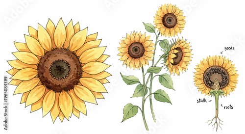 白い背景に描かれた美しいひまわりのボタニカルイラストレーションで、大きな花びらのクローズアップから茎や葉、そして根や種子の構造を示す詳細な断面図まで、植物の成長過程と生物学的な特徴を丁寧に表現した教育的で芸術的なベクター素材です。