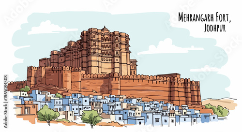 インドのジョードプルにある壮大なメヘラーンガル城塞と、その麓に広がる特徴的なブルーシティーの街並みを繊細なタッチで描いた手書き風のベクターイラストレーション。歴史的なラージャスターン州の観光名所を表現した美しいデザイン。