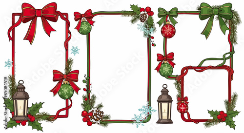 赤と緑のリボンやクリスマスオーナメント、アンティークなランタン、ヒイラギの葉で装飾された、手書き風の華やかなクリスマスフレームのセット。冬のイベントやパーティーの招待状、グリーティングカードのデザインに最適な、白背景のベクターイラスト素材です。