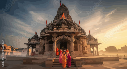 夕暮れ時の黄金色の光に包まれたインドの壮大なヒンドゥー教寺院を背景に、色鮮やかなサリーなどの民族衣装を身にまとって参拝に訪れる巡礼者たちが織りなす、精神性と歴史の深さを感じさせる神聖で美しい夕景のイラストレーション。