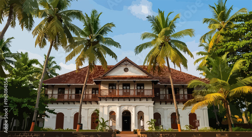 青い空の下に佇む、ヤシの木に囲まれたインド・ケララ州の伝統的なコロニアル様式の邸宅。白い壁と茶色の瓦屋根、美しい木製のバルコニーが特徴的な歴史的建造物で、南国のリゾート地のような穏やかで贅沢な雰囲気が漂う美しい建築風景。