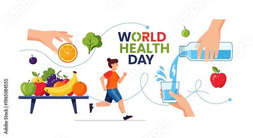 Illustration of a healthy lifestyle concept for World Health Day with a person running, surrounded by fruits, vegetables, and a glass of water, promoting global health awareness and