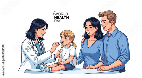 Illustration of a doctor examining a child with a family in a clinical setting for World Health Day, promoting global health awareness and a healthy lifestyle concept.