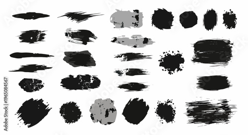 白い背景に配置された、多様な形状と独特な質感を持つ黒とグレーの手描き筆跡ブラシストロークとインクの汚れのセット。グラフィックデザインやデジタルアート制作に最適な、表現力豊かな抽象的ペイントテクスチャ素材のコレクション。