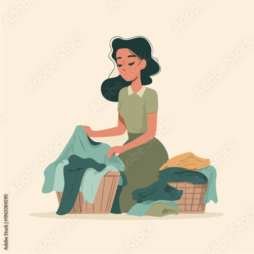 Illustrated woman washing clothes and folding laundry at home.