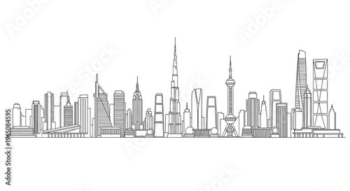 City skyline panorama, line art illustration, urban landscape