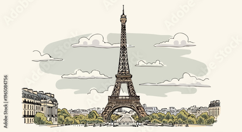フランスのパリを象徴する世界的なランドマークであるエッフェル塔を、繊細な手書き風のスケッチで描いたヴィンテージ感溢れるイラストレーションです。背景には柔らかな雲と歴史的な街並みが広がり、旅行や観光のデザインに最適な素材となっています。