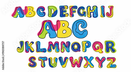 カラフルでポップな色使いが特徴的な、丸みを帯びたバブルスタイルのアルファベット全26文字セット。波打つようなレイヤー状のグラデーションデザインが施されており、子供向けの教育素材やクリエイティブなデザインプロジェクトのタイポグラフィ、ロゴ制作に最適なイラスト素材です。