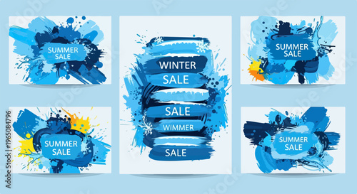 青い水彩絵の具のしぶきやブラシストロークを大胆に活用した、サマーセールとウィンターセールのための抽象的なバナーデザインセット。鮮やかなブルーとイエローのアクセントが映える、芸術的でクリエイティブなプロモーション用テンプレート。広告やSNS投稿に最適な高品質な背景素材です。